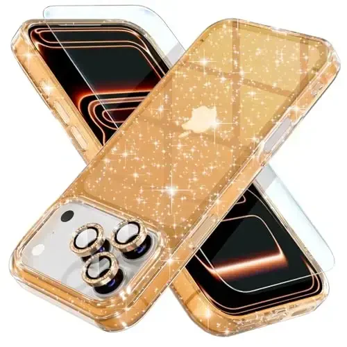 iPhone 17 Pro uchun Choiche mos keladigan g'ilof, ayollar uchun yoqimli tiniq yaltiroq bling yorqin g'ilof, [3 x olmosli kamera linzalari himoyachilari] [2 x temperlangan shisha ekran himoyachilari] 6,3 dyuym (oltin yaltiroq) 