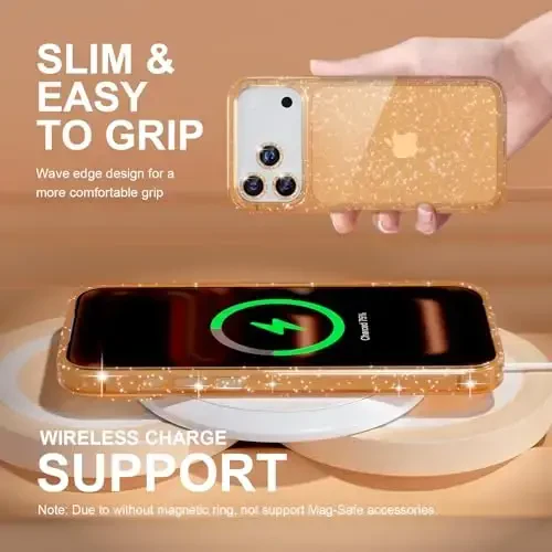 iPhone 17 Pro uchun Choiche mos keladigan g'ilof, ayollar uchun yoqimli tiniq yaltiroq bling yorqin g'ilof, [3 x olmosli kamera linzalari himoyachilari] [2 x temperlangan shisha ekran himoyachilari] 6,3 dyuym (oltin yaltiroq) - 6