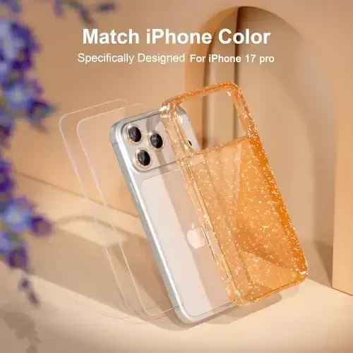 iPhone 17 Pro uchun Choiche mos keladigan g'ilof, ayollar uchun yoqimli tiniq yaltiroq bling yorqin g'ilof, [3 x olmosli kamera linzalari himoyachilari] [2 x temperlangan shisha ekran himoyachilari] 6,3 dyuym (oltin yaltiroq) - 7