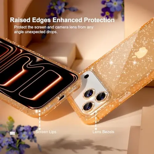 iPhone 17 Pro uchun Choiche mos keladigan g'ilof, ayollar uchun yoqimli tiniq yaltiroq bling yorqin g'ilof, [3 x olmosli kamera linzalari himoyachilari] [2 x temperlangan shisha ekran himoyachilari] 6,3 dyuym (oltin yaltiroq) - 4