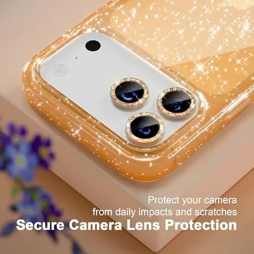 iPhone 17 Pro uchun Choiche mos keladigan g'ilof, ayollar uchun yoqimli tiniq yaltiroq bling yorqin g'ilof, [3 x olmosli kamera linzalari himoyachilari] [2 x temperlangan shisha ekran himoyachilari] 6,3 dyuym (oltin yaltiroq) - 3