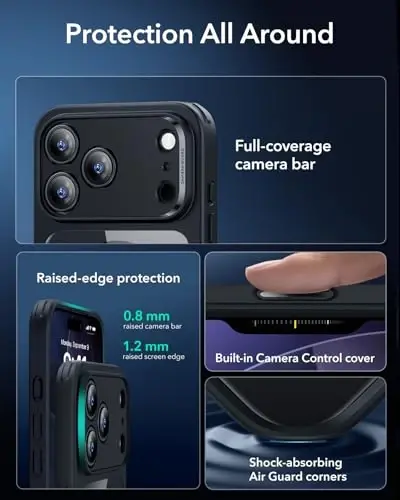 iPhone 17 Pro uchun ESR g'ilofi, kamera boshqaruvi, MagSafe bilan mos, harbiy darajadagi zarbga chidamli, iPhone 17 Pro uchun magnit telefon g'ilofi, klassik gibrid g'ilof, tiniq qora - 3