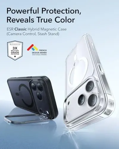 iPhone 17 Pro uchun ESR g‘ilofi, saqlash stendi bilan, MagSafe bilan mos keladigan kamera boshqaruv qopqog‘i, harbiy darajadagi tushishdan himoya, tirnalishga chidamli orqa qopqoq, muzlatilgan qora - 5