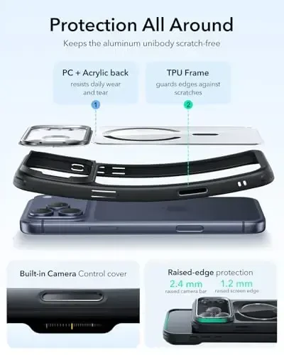 iPhone 17 Pro uchun ESR g‘ilofi Stash Stand bilan, MagSafe bilan mos keladigan kamera boshqaruv qopqog‘i, harbiy darajadagi tushishdan himoya qiluvchi magnit telefon g‘ilofi, chizilishga chidamli orqa qopqoq, shaffof qora - ESR