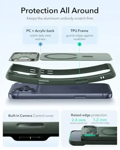 iPhone 17 Pro uchun ESR g'ilofi Stash Stand bilan, MagSafe bilan mos keluvchi kamera boshqaruv qopqog'i, harbiy darajadagi tushishdan himoya qiluvchi magnit telefon g'ilofi, tirnalishga chidamli orqa qopqoq, muzli yashil - ESR