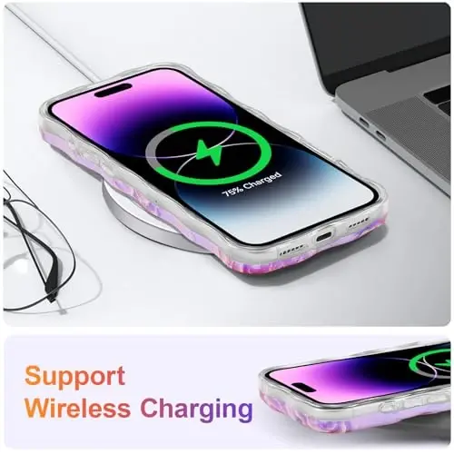 iPhone 17 Pro uchun EYZUTAK g'ilofi, Rangli Retro Yog'li Bo'yoqli Gul Lazerli Yorqin Naqshli Chiroyli Jingalak To'lqinli Qirrali Nozik Telefon Qopqog'i Qizlar uchun Zamonaviy Bardoshli TPU Himoya G'ilofi - Pushti Pion - 6