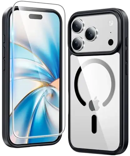 iPhone 17 Pro uchun FNTCASE g'ilofi: Magsafe bilan mos keladigan ekran himoyachisi bo'lgan shaffof magnitli telefon g'iloflari, ingichka, sarg'aymaydigan, zarbaga chidamli, himoya qiluvchi shaffof mobil telefon qopqog'i (B-Qora) 