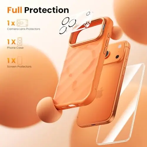 iPhone 17 Pro uchun kamera stendi bilan 3-in-1 to‘plami [1 ta ekran himoyachisi va 1 ta kamera linza himoyachisi] [MagSafe mos] [Zarbalarga chidamli va magnitli] [Yarim shaffof mat] 17 Pro uchun zamonaviy telefon g‘ilofi (to‘q sariq) - 3