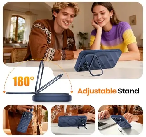 iPhone 17 Pro uchun kamera stendli 3-in-1 g'ilof [1 ta ekran himoyachisi va 1 ta kamera linza himoyachisi][MagSafe mos][Zarbalarga chidamli va magnitli][Shaffof mat] 17 Pro uchun zamonaviy telefon g'ilofi (Moviy) - 2