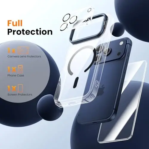 iPhone 17 Pro uchun kamera stendli 3-in-1 g'ilof [1 ta ekran himoyachisi va 1 ta kamera linza himoyachisi][MagSafe mos][Zarbalarga chidamli va magnitli][Shaffof mat] 17 Pro uchun zamonaviy telefon g'ilofi (Moviy) - TIGOWOS (1)