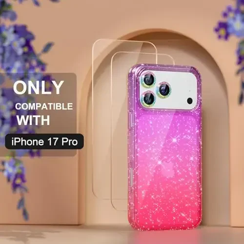 iPhone 17 Pro uchun mos keladigan Choiche g‘ilofi, ayollar uchun chiroyli shaffof yaltiroq g‘ilof, [3 x olmos kamera linzalari himoyachilari] [2 x temperli shisha ekran himoyachilari] 6,3 dyuym (yaltiroq binafsha/pushti) - 2