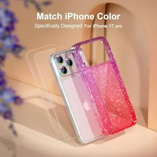 iPhone 17 Pro uchun mos keladigan Choiche g‘ilofi, ayollar uchun chiroyli shaffof yaltiroq g‘ilof, [3 x olmos kamera linzalari himoyachilari] [2 x temperli shisha ekran himoyachilari] 6,3 dyuym (yaltiroq binafsha/pushti) - 7