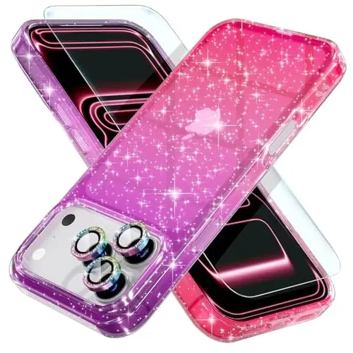 iPhone 17 Pro uchun mos keladigan Choiche g‘ilofi, ayollar uchun chiroyli shaffof yaltiroq g‘ilof, [3 x olmos kamera linzalari himoyachilari] [2 x temperli shisha ekran himoyachilari] 6,3 dyuym (yaltiroq binafsha/pushti) 