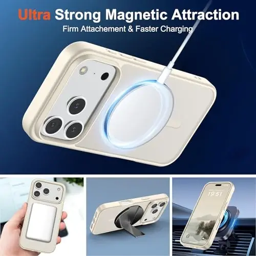 iPhone 17 Pro uchun SUPFINE magnitli g‘ilof (MagSafe bilan mos keladi) (Harbiy darajadagi himoya), shaffof matli, zarbaga chidamli va barmoq izlariga qarshi, antik oq rangli telefon g‘ilofi. - 5
