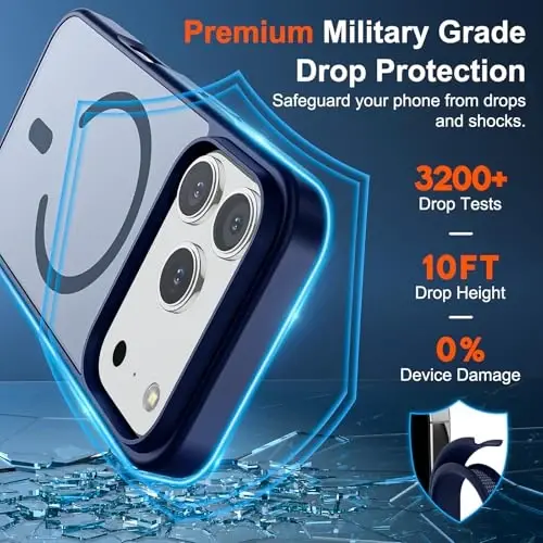 iPhone 17 Pro uchun SUPFINE magnitli g‘ilof (MagSafe bilan mos keladi) (Harbiy darajadagi himoya) Yarim shaffof mat, zarbga chidamli va barmoq izlariga qarshi telefon g‘ilofi, to‘q ko‘k rang - 3