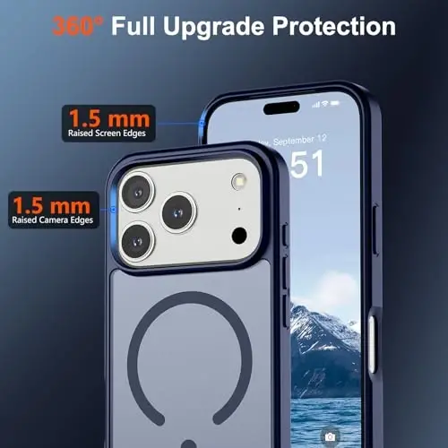 iPhone 17 Pro uchun SUPFINE magnitli g‘ilof (MagSafe bilan mos keladi) (Harbiy darajadagi himoya) Yarim shaffof mat, zarbga chidamli va barmoq izlariga qarshi telefon g‘ilofi, to‘q ko‘k rang - 4