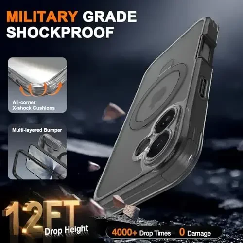 iPhone 17 uchun Casehas magnitli ko'rinmas stend bilan [MagSafe bilan mos keladi] Harbiy tushishdan himoya zarbaga chidamli ingichka yarim shaffof teginishga yoqimli g'ilof qora - 4