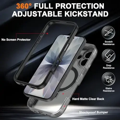 iPhone 17 uchun Casehas magnitli ko'rinmas tirgakli g'ilof [MagSafe bilan mos keladi] Harbiy darajadagi tushishdan himoya zarbaga chidamli ingichka yarim shaffof teginishga yoqimli g'ilof qora - CASEHAS (1)