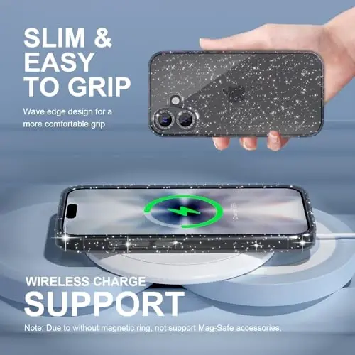 iPhone 17 uchun Choiche mos keladigan g'ilof, ayollar uchun chiroyli shaffof yaltiroq yorqin g'ilof, [2 x Olmos kamera linzalari himoyachilari] [2 x закалённое shisha ekran himoyachilari] 6,3 dyuym (yaltiroq qora) - 3