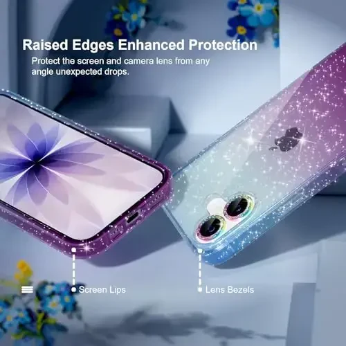 iPhone 17 uchun Choiche mos keladigan g'ilof, ayollar uchun chiroyli tiniq yaltiroq jozibali g'ilof, [2 x olmos kamera linzalari himoyachilari] [2 x закалённое shisha ekran himoyachilari] 6,3 dyuym (yaltiroq ko'k/binafsha) - CHOICHE (1)