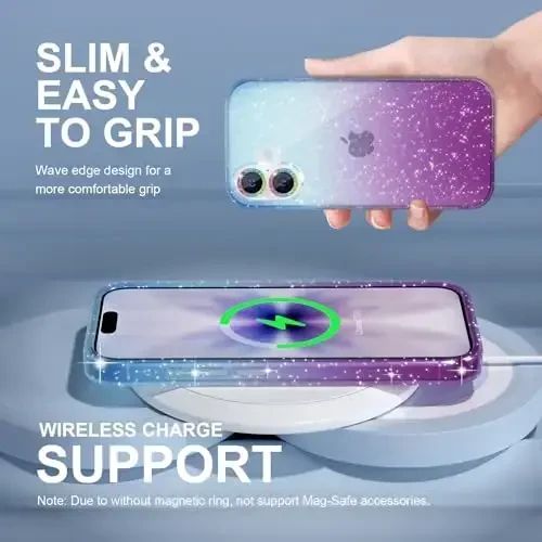 iPhone 17 uchun Choiche mos keladigan g'ilof, ayollar uchun chiroyli tiniq yaltiroq jozibali g'ilof, [2 x olmos kamera linzalari himoyachilari] [2 x закалённое shisha ekran himoyachilari] 6,3 dyuym (yaltiroq ko'k/binafsha) - 3