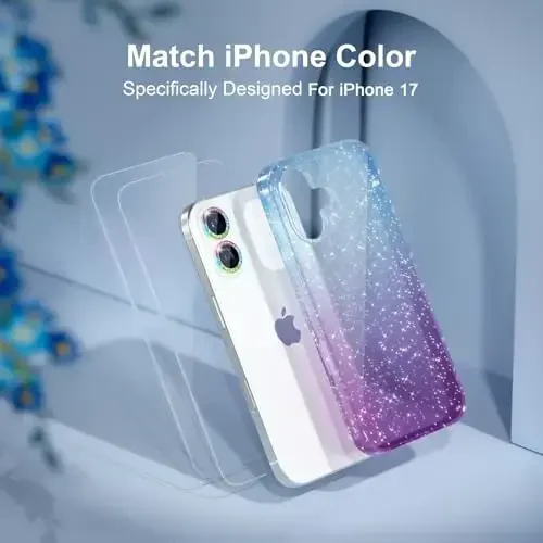 iPhone 17 uchun Choiche mos keladigan g'ilof, ayollar uchun chiroyli tiniq yaltiroq jozibali g'ilof, [2 x olmos kamera linzalari himoyachilari] [2 x закалённое shisha ekran himoyachilari] 6,3 dyuym (yaltiroq ko'k/binafsha) - 7