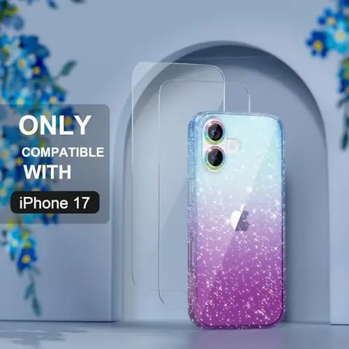 iPhone 17 uchun Choiche mos keladigan g'ilof, ayollar uchun chiroyli tiniq yaltiroq jozibali g'ilof, [2 x olmos kamera linzalari himoyachilari] [2 x закалённое shisha ekran himoyachilari] 6,3 dyuym (yaltiroq ko'k/binafsha) - 4