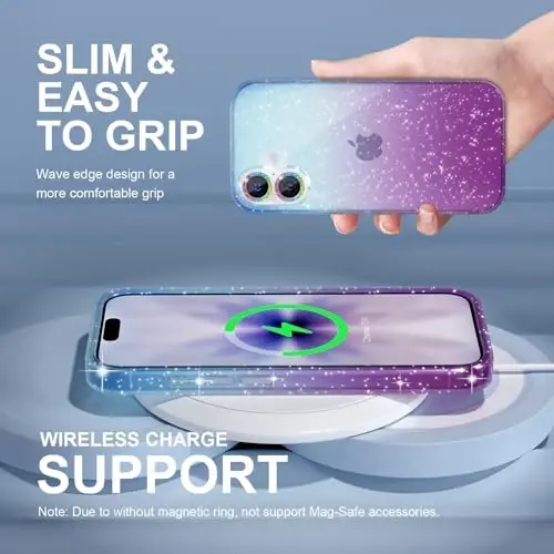 iPhone 17 uchun Choiche mos keladigan g'ilof, ayollar uchun chiroyli tiniq yaltiroq jozibali g'ilof, [2 x olmos kamera linzalari himoyachilari] [2 x закалённое shisha ekran himoyachilari] 6,3 dyuym (yaltiroq ko'k/binafsha) - 3