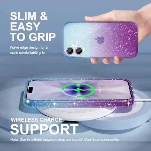 iPhone 17 uchun Choiche mos keladigan g'ilof, ayollar uchun chiroyli tiniq yaltiroq jozibali g'ilof, [2 x olmos kamera linzalari himoyachilari] [2 x закалённое shisha ekran himoyachilari] 6,3 dyuym (yaltiroq ko'k/binafsha) - 3