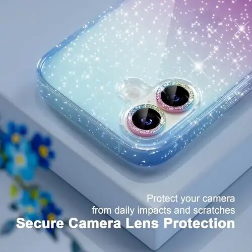 iPhone 17 uchun Choiche mos keladigan g'ilof, ayollar uchun chiroyli tiniq yaltiroq jozibali g'ilof, [2 x olmos kamera linzalari himoyachilari] [2 x закалённое shisha ekran himoyachilari] 6,3 dyuym (yaltiroq ko'k/binafsha) - 5