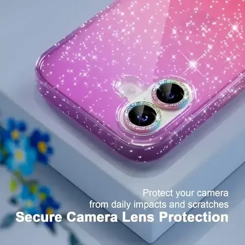 iPhone 17 uchun Choiche mos keladigan g'ilof, ayollar uchun chiroyli tiniq yaltiroq yorqin g'ilof, [2 x olmosli kamera linzalari himoyachilari] [2 x temperlangan shisha ekran himoyachilari] 6,3 dyuym (yaltiroq binafsha/pushti) - 5