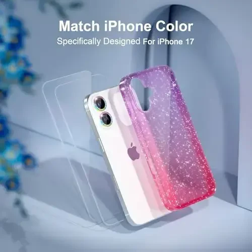 iPhone 17 uchun Choiche mos keladigan g'ilof, ayollar uchun chiroyli tiniq yaltiroq yorqin g'ilof, [2 x olmosli kamera linzalari himoyachilari] [2 x temperlangan shisha ekran himoyachilari] 6,3 dyuym (yaltiroq binafsha/pushti) - 7