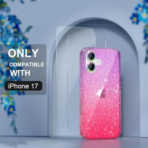 Choiche Compatible for iPhone 17 Case, Women Cute Clear Glitter Bling Sparkly Case, [2 x Diamond Camera Lens Protectors] [2 x Tempered Glass Screen Protectors] 6.3-inch (Glitter Purple/Pink) - 4