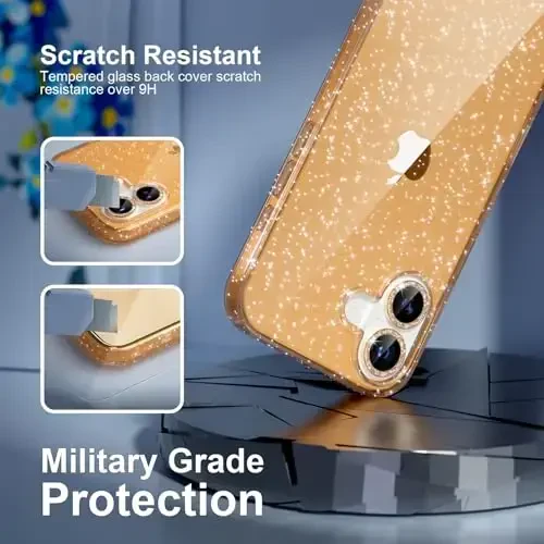 iPhone 17 uchun Choiche mos keladigan g'ilof, ayollar uchun chiroyli tiniq yaltiroq yorqin g'ilof, [2 x olmosli kamera linzalari himoyachilari] [2 x закаленное oynali ekran himoyachilari] 6,3 dyuym (oltin yaltiroq) - 6