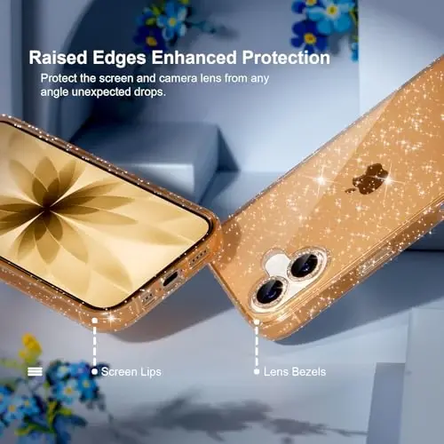 iPhone 17 uchun Choiche mos keladigan g'ilof, ayollar uchun chiroyli tiniq yaltiroq yorqin g'ilof, [2 x olmosli kamera linzalari himoyachilari] [2 x закаленное oynali ekran himoyachilari] 6,3 dyuym (oltin yaltiroq) - 2