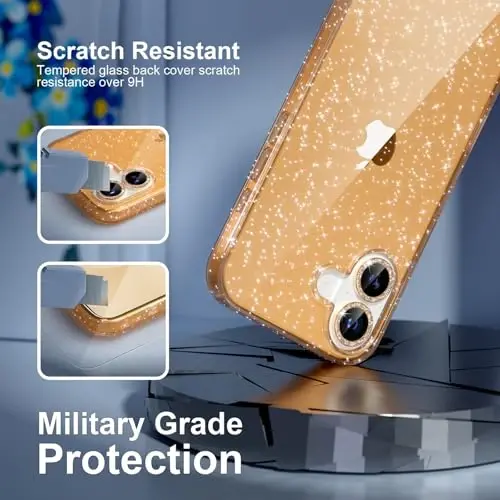 iPhone 17 uchun Choiche mos keladigan g'ilof, ayollar uchun chiroyli tiniq yaltiroq yorqin g'ilof, [2 x olmosli kamera linzalari himoyachilari] [2 x закаленное oynali ekran himoyachilari] 6,3 dyuym (oltin yaltiroq) - 6