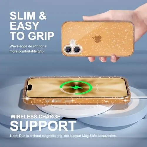 iPhone 17 uchun Choiche mos keladigan g'ilof, ayollar uchun chiroyli tiniq yaltiroq yorqin g'ilof, [2 x olmosli kamera linzalari himoyachilari] [2 x закаленное oynali ekran himoyachilari] 6,3 dyuym (oltin yaltiroq) - 3