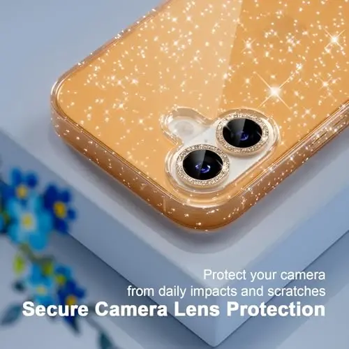iPhone 17 uchun Choiche mos keladigan g'ilof, ayollar uchun chiroyli tiniq yaltiroq yorqin g'ilof, [2 x olmosli kamera linzalari himoyachilari] [2 x закаленное oynali ekran himoyachilari] 6,3 dyuym (oltin yaltiroq) - 5