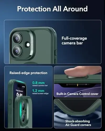 iPhone 17 uchun ESR g'ilofi, Kamera boshqaruvi, MagSafe bilan mos, zarbga chidamli harbiy darajadagi himoya, iPhone 17 uchun magnit telefon g'ilofi, klassik gibrid g'ilof, muzli yashil - 3