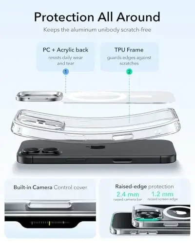 iPhone 17 uchun ESR g‘ilofi, MagSafe bilan mos keladigan Kamera boshqaruv qopqog‘i, harbiy darajadagi tushishdan himoya qiluvchi magnit telefon g‘ilofi, chizilishga chidamli orqa qopqoq, shaffof - 1