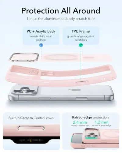 iPhone 17 uchun ESR gʻilofi stend, MagSafe bilan mos keladigan kamera boshqaruv qopqogʻi, harbiy darajadagi zarbadan himoya magnit telefon gʻilofi iPhone 17 uchun, chizilishga chidamli orqa qopqoq, muzli saqich pushti - 3