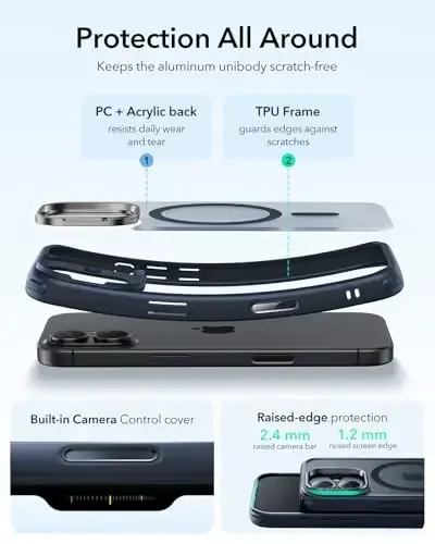 iPhone 17 uchun ESR gʻilofi, Stendli, MagSafe bilan mos keluvchi kamera boshqaruv qopqogʻi, Harbiy darajadagi tushishdan himoya qiluvchi magnit telefon gʻilofi, chizilishga chidamli orqa qopqoq, muzli koʻk - ESR