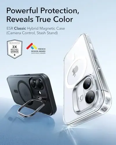 iPhone 17 uchun ESR g‘ilofi, yashirin stend va kamera boshqaruvchi qopqog‘i MagSafe bilan mos keladi, harbiy darajadagi zarbadan himoyalangan magnit telefon g‘ilofi, tirnalishga chidamli orqa qopqoq, muzlatilgan qora - 5