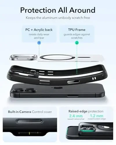 iPhone 17 uchun ESR g‘ilofi, yashirin tayanchi, MagSafe bilan mos keladigan kamera boshqaruvchi qopqoq, harbiy standartdagi zarbadan himoya, magnitli telefon g‘ilofi, tirnalishga chidamli orqa qopqoq, shaffof qora - ESR