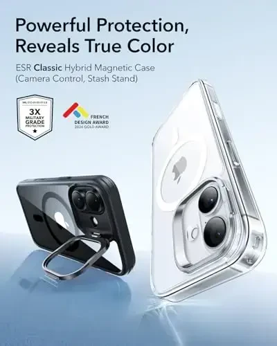 iPhone 17 uchun ESR g‘ilofi, yashirin tayanchi, MagSafe bilan mos keladigan kamera boshqaruvchi qopqoq, harbiy standartdagi zarbadan himoya, magnitli telefon g‘ilofi, tirnalishga chidamli orqa qopqoq, shaffof qora - 5