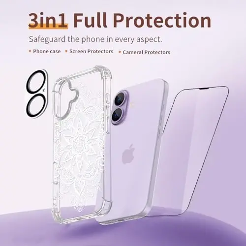 iPhone 17 uchun ilnehc g'ilofi, [3 tasi 1 da] Ekran Himoyachisi va Kamera Lens Himoyachisi bilan, Gul naqshli dizayn, Shaffof Yumshoq Zarbga chidamli yupqa gulli telefon qopqog'i ayollar qizlar uchun 2025 6.3