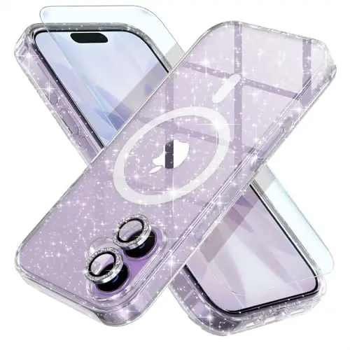 iPhone 17 uchun Magnetic Case, MagSafe bilan mos keladi, ayollar uchun olmos kamerali linza himoya vositalari bilan yaltiroq va porloq telefon g‘ilofi, harbiy darajadagi tushishdan himoya 6.3