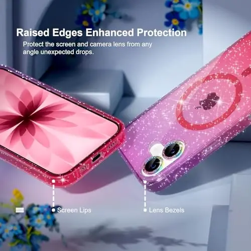 iPhone 17 uchun MagSafe bilan mos keladigan Choiche Magnetic g‘ilofi, olmos kamerali linza himoya vositalariga ega ayollar uchun yoqimli yaltiroq va porloq telefon g‘ilofi, Harbiy darajadagi tushishdan himoya 6.3