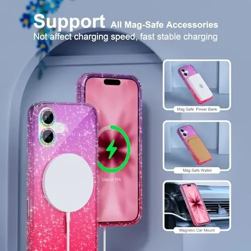 iPhone 17 uchun MagSafe bilan mos keladigan Choiche Magnetic g‘ilofi, olmos kamerali linza himoya vositalariga ega ayollar uchun yoqimli yaltiroq va porloq telefon g‘ilofi, Harbiy darajadagi tushishdan himoya 6.3
