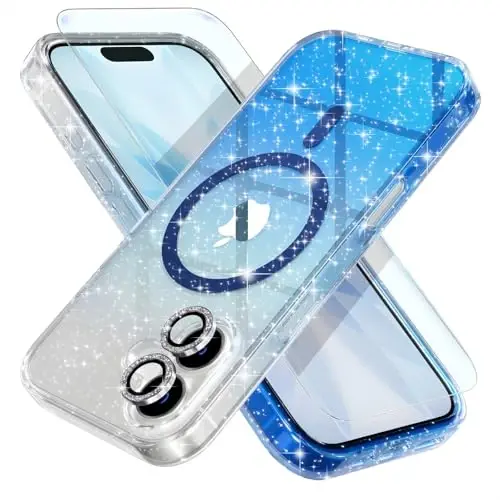 iPhone 17 uchun MagSafe bilan mos keladigan Magnetic g‘ilof, olmos kamerali linza himoya vositalariga ega ayollar uchun yoqimli yaltiroq yaltiroq telefon g‘ilofi, harbiy darajadagi tushishdan himoya qiluvchi 6,3 dyuymli (Shaffof/Ko‘k) - 7
